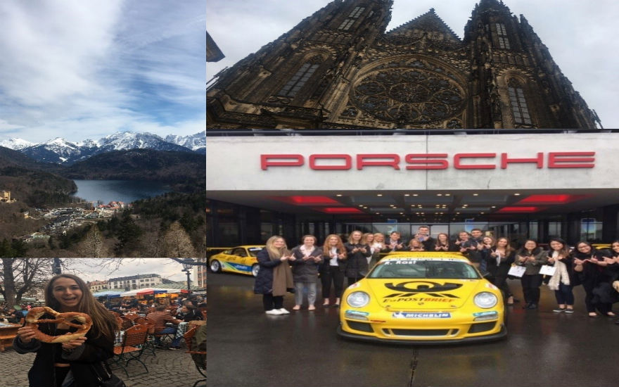 A collage of four images from the Global Supply Chain Management experience. Top left: scenic mountain view. Top right: historic architecture. Bottom left: student enjoying large soft pretzel. Bottom right: group of students outside Porsche production facility. A collage of four images from the Global Supply Chain Management experience. Top left: scenic mountain view. Top right: historic architecture. Bottom left: student enjoying large soft pretzel. Bottom right: group of students outside Porsche production facility.