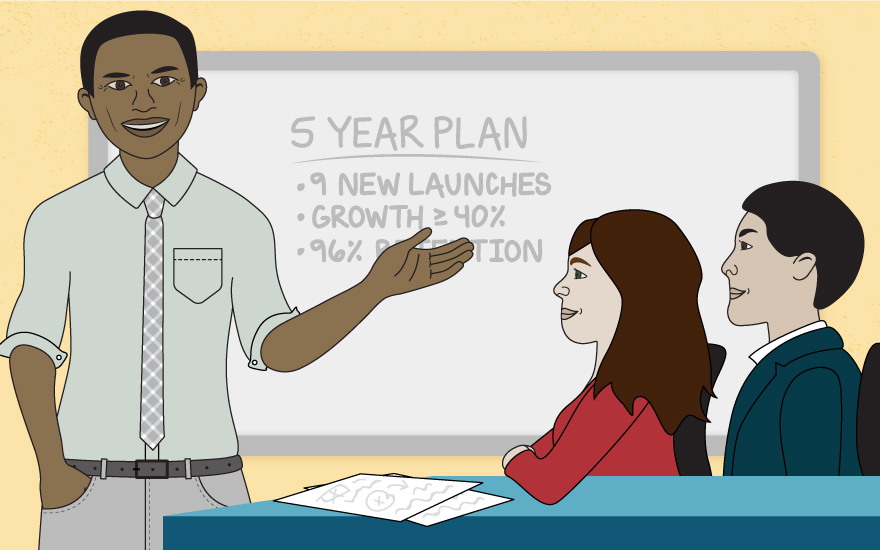 Illustration of an individual talking to students about a 5 year plan