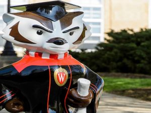 A Bucky Badger statue titled "Graduation Bucky," which was created by FAST Corporation, is pictured near Bascom Hall at the University of Wisconsin-Madison on May 16, 2018. Bucky on Parade is a public art project that showcases 85 life-size Bucky Badger statues on the UW campus and Madison area from May 7 through Sept 12, 2018. Each statue is created by a local or regional artist.