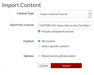 Canvas Course import settings