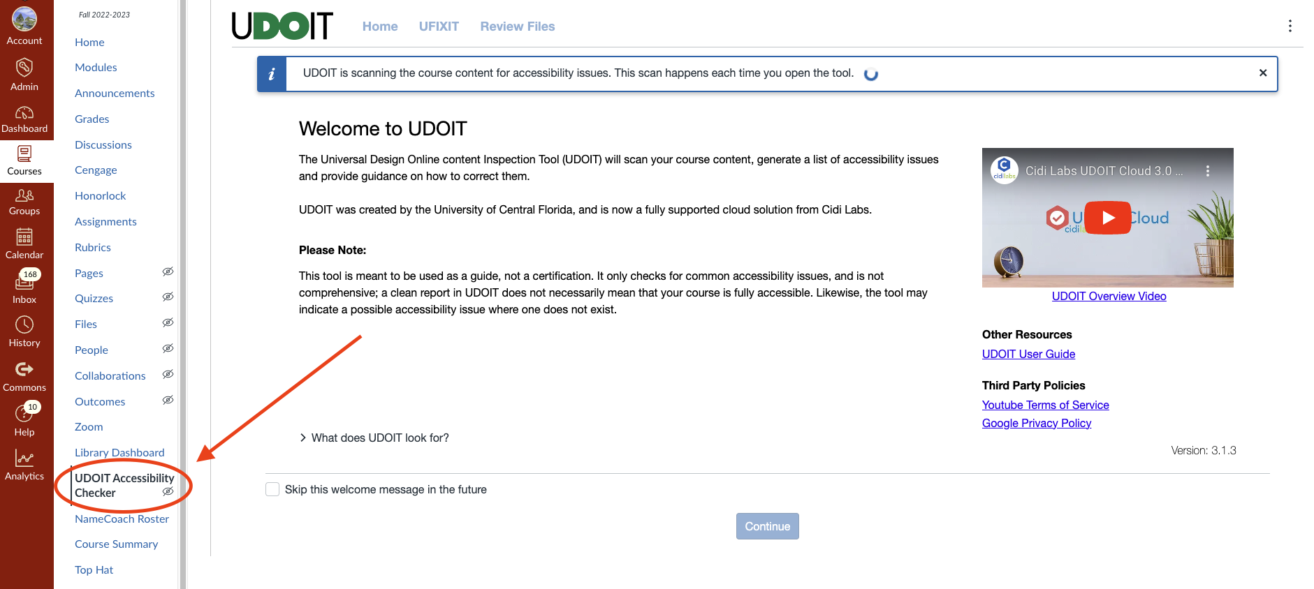 Screenshot of UDOIT Accessibility Checker in Canvas Menu